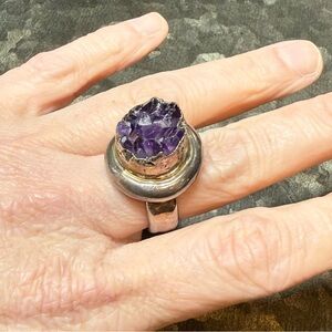 Bat-Ami Sterling Silver Signed Stamped 925 Cluster Amethyst Crystal Stone Ring